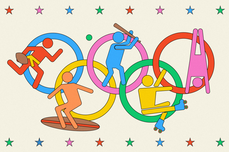 رسم توضيحي لشخصيات تمارس رياضات مختلفة داخل الحلقات الأولمبية 