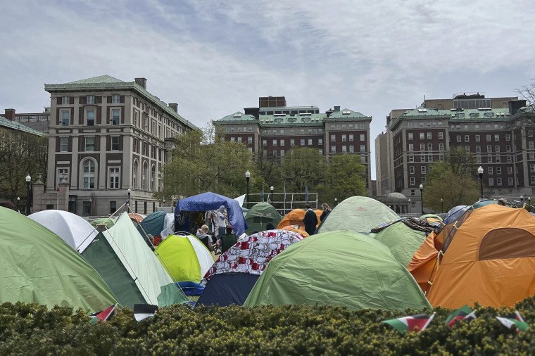 متظاهرون مؤيدون للفلسطينيين يخيمون في خيام بجامعة كولومبيا في نيويورك يوم السبت.